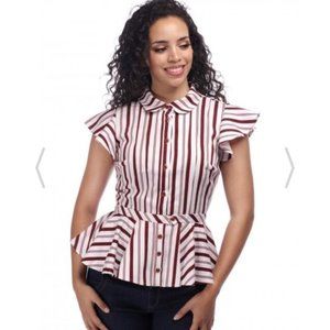 SOLD UK 12/US 8 Collectif "Charlotte" maroon & white striped peplum top